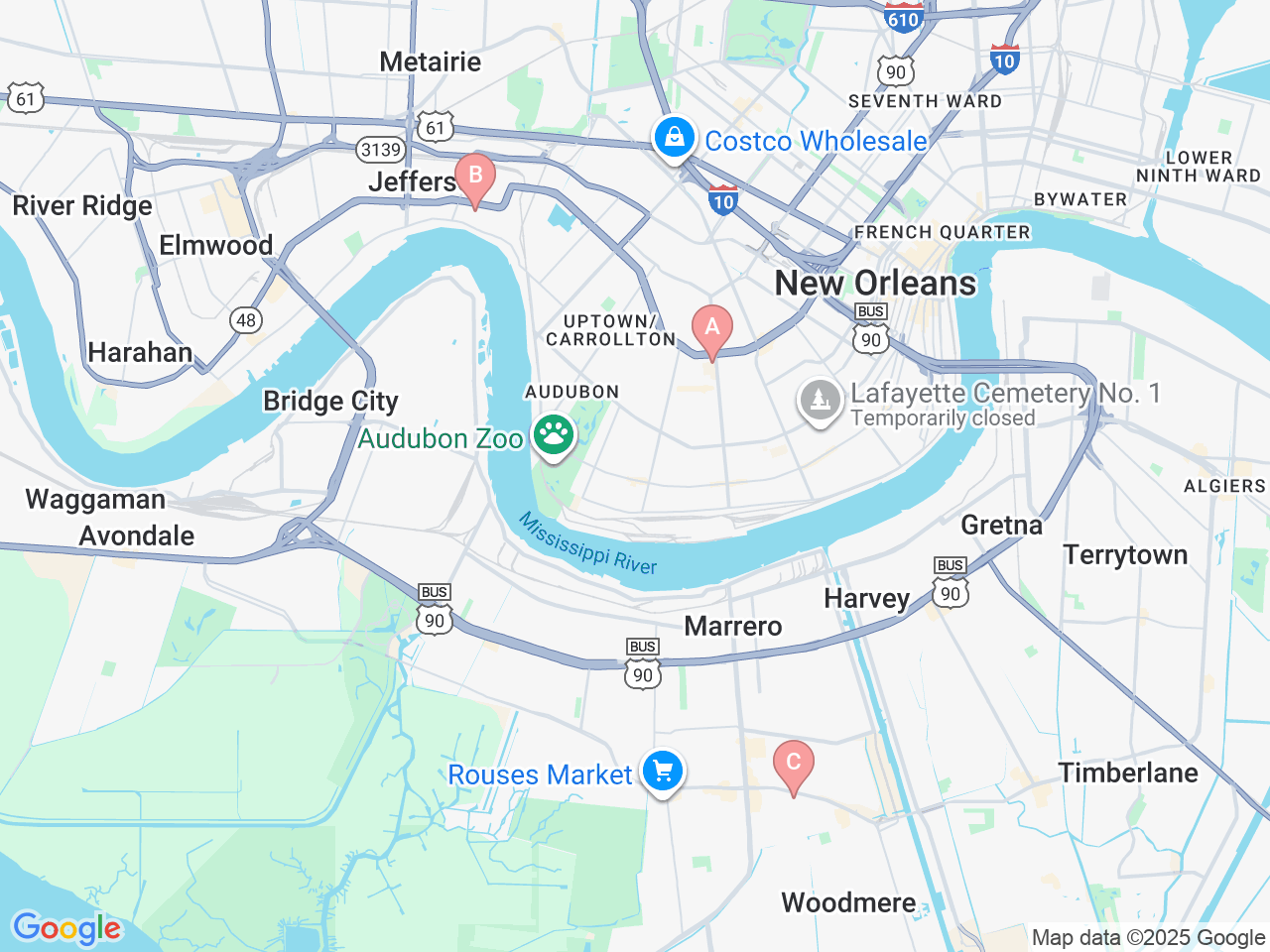 Map of Ochsner-affiliated facilities that provide services related to Pediatric Neurosurgery