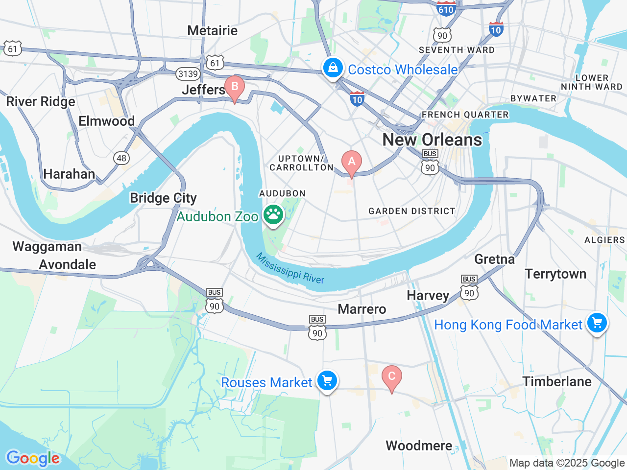 Map of Ochsner-affiliated facilities that provide services related to Pediatric Neurosurgery