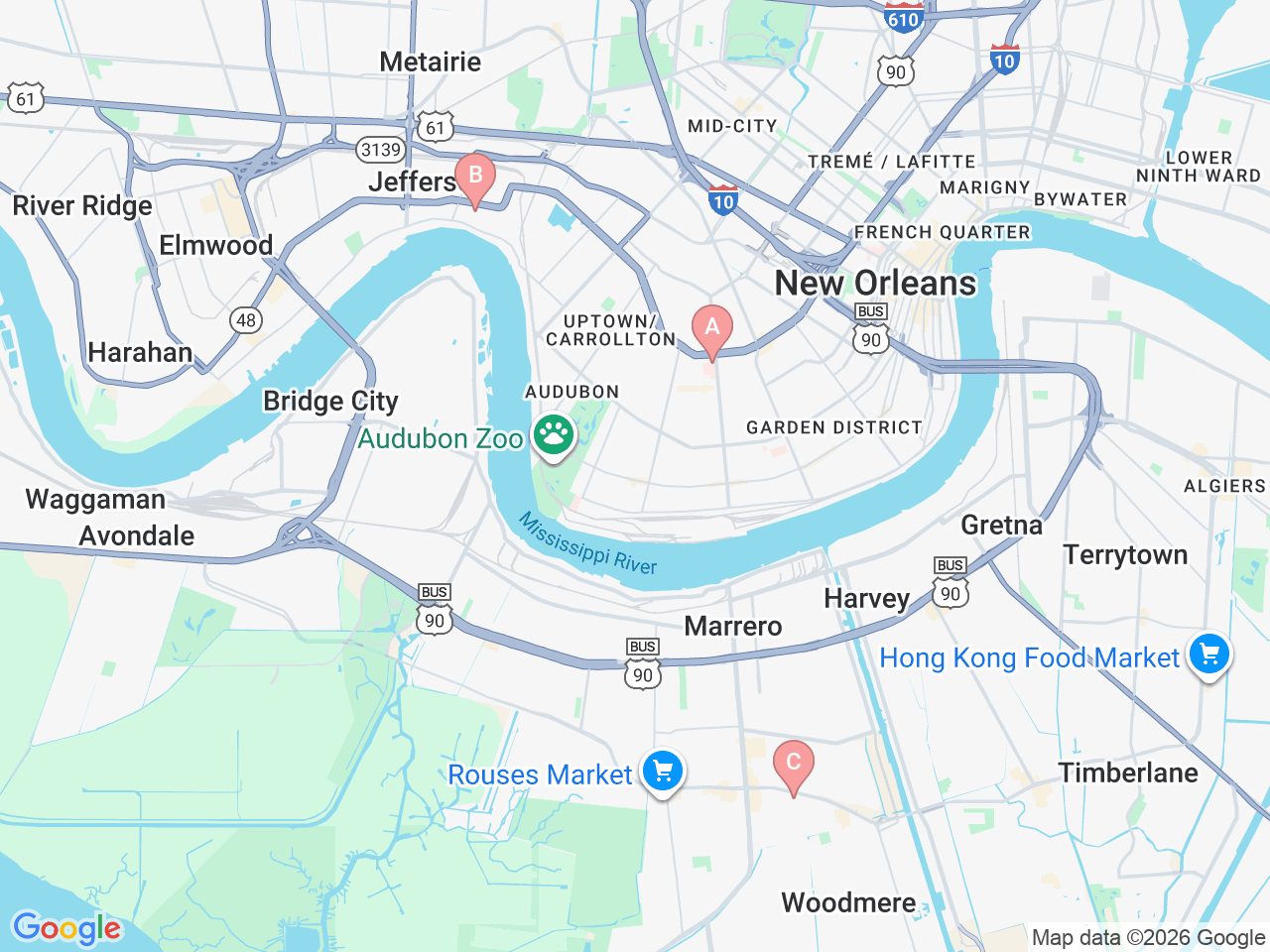 Map of Ochsner-affiliated facilities that provide services related to Pediatric Neurosurgery