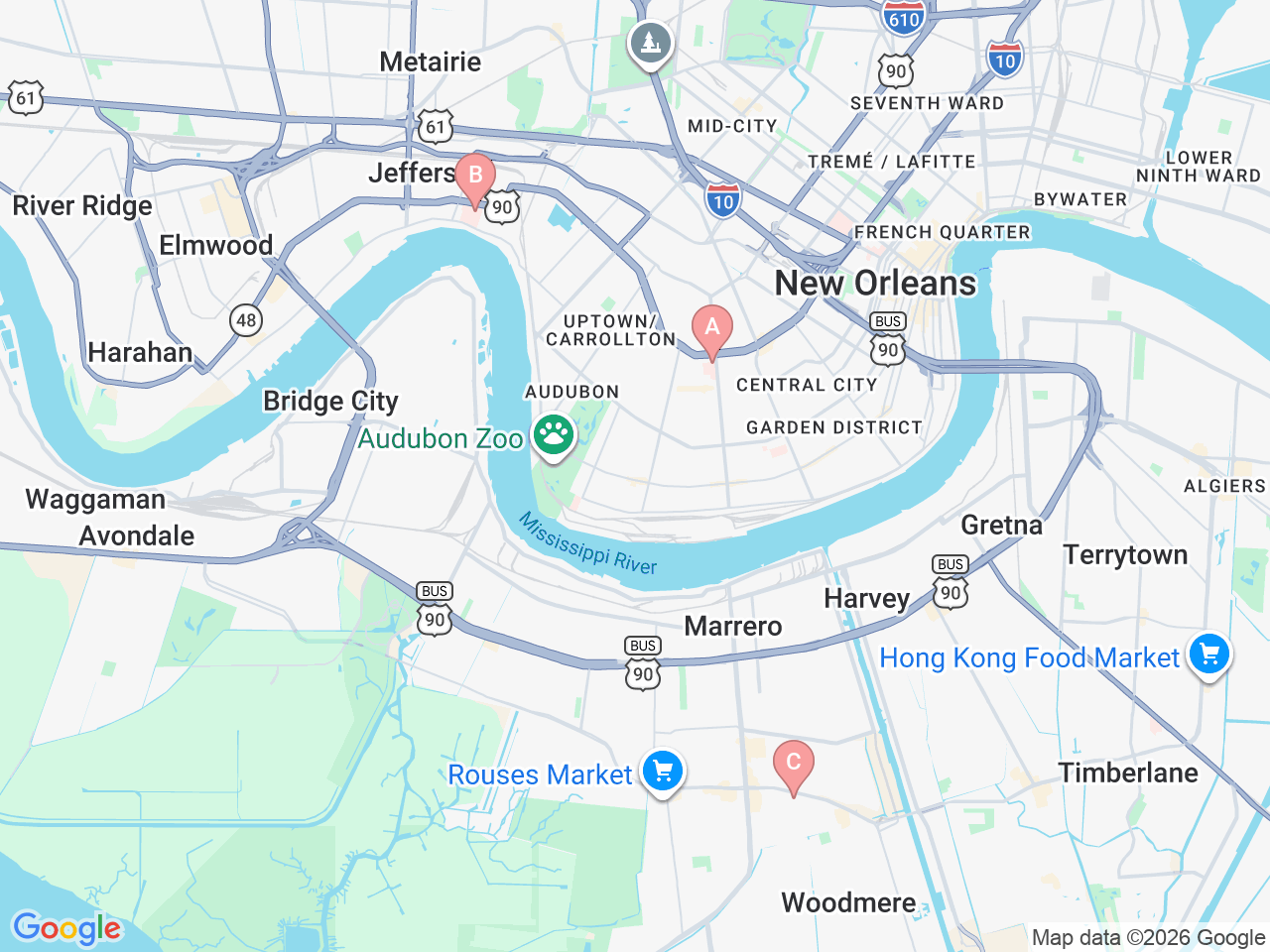 Map of Ochsner-affiliated facilities that provide services related to Pediatric Neurosurgery