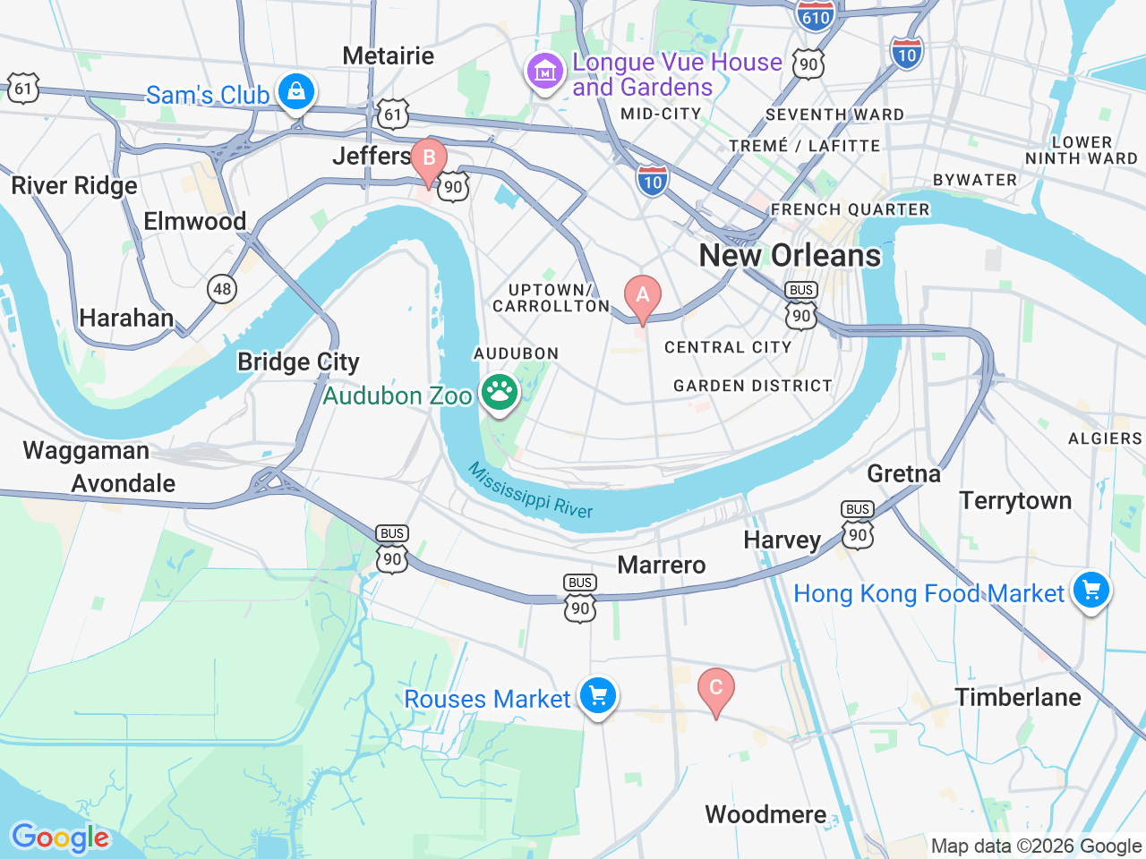 Map of Ochsner-affiliated facilities that provide services related to Pediatric Neurosurgery