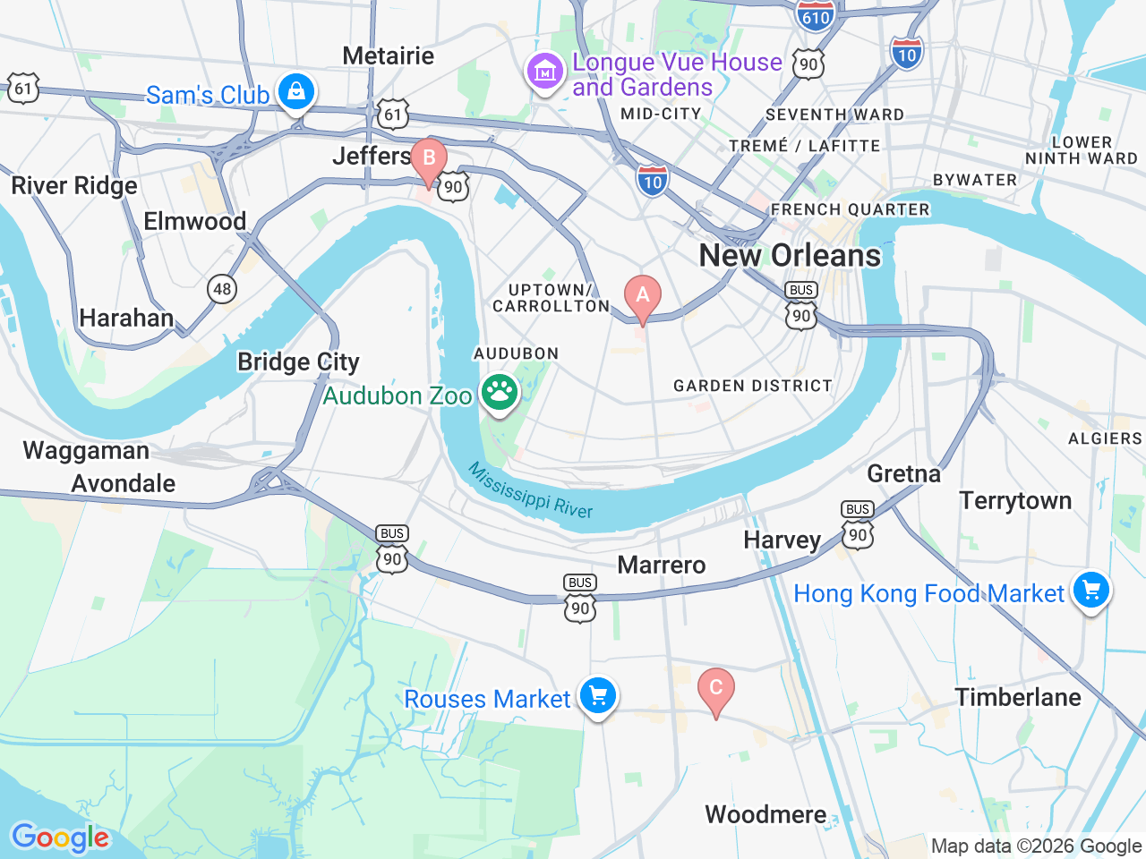 Map of Ochsner-affiliated facilities that provide services related to Pediatric Neurosurgery
