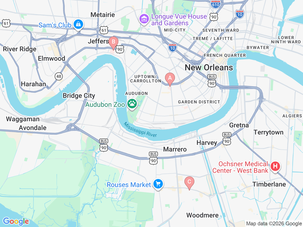 Map of Ochsner-affiliated facilities that provide services related to Pediatric Neurosurgery