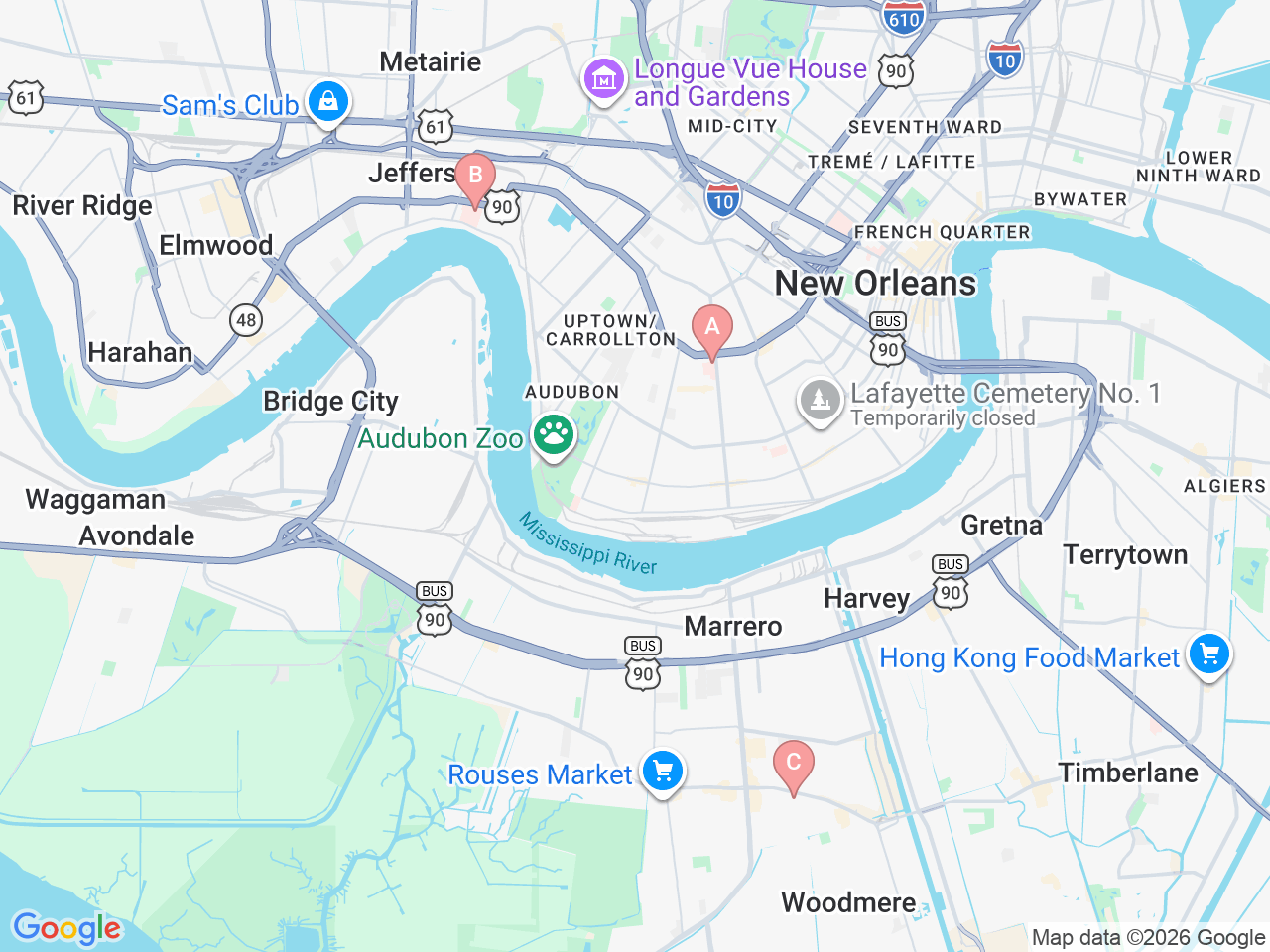 Map of Ochsner-affiliated facilities that provide services related to Pediatric Neurosurgery