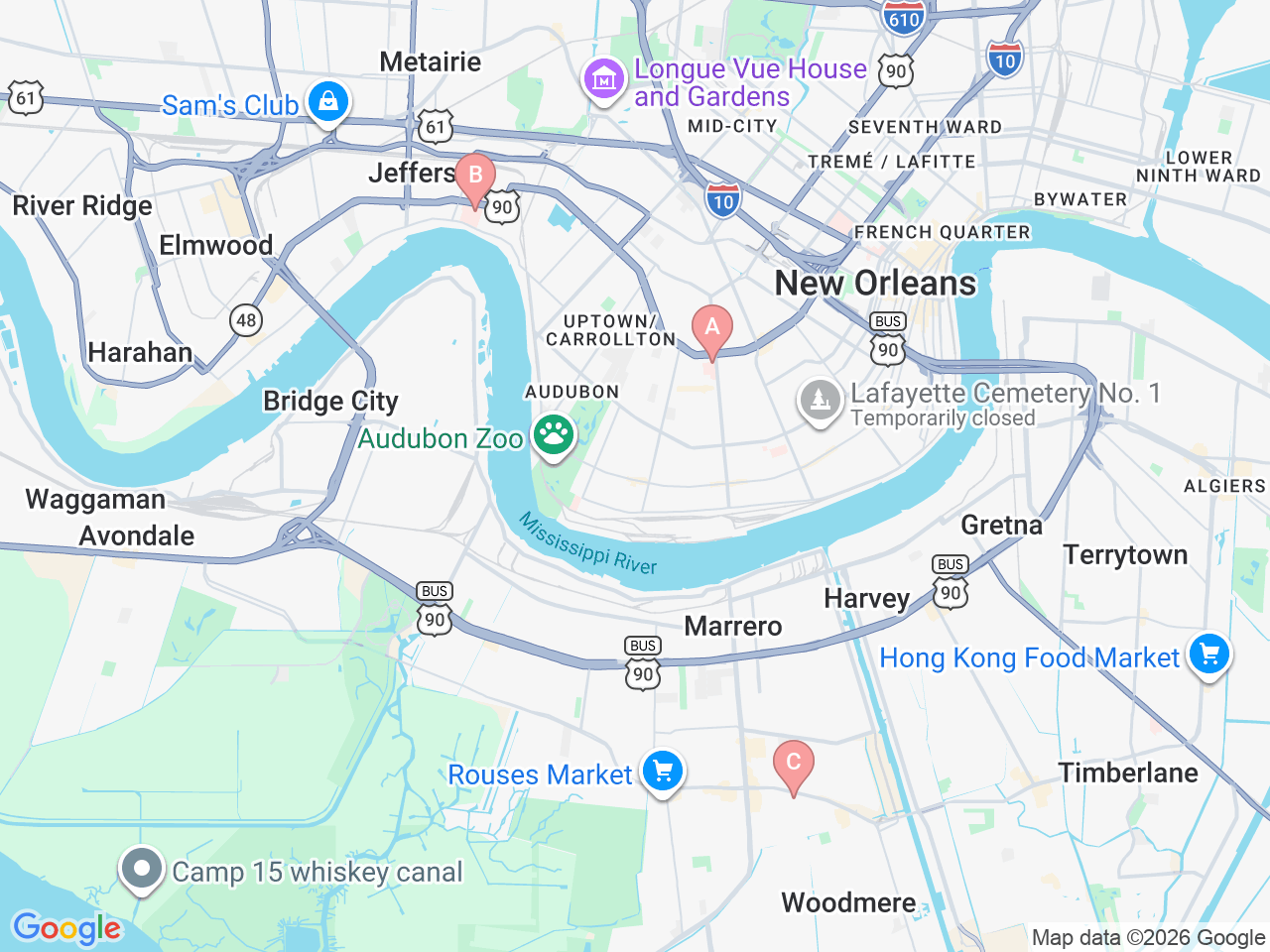 Map of Ochsner-affiliated facilities that provide services related to Pediatric Neurosurgery