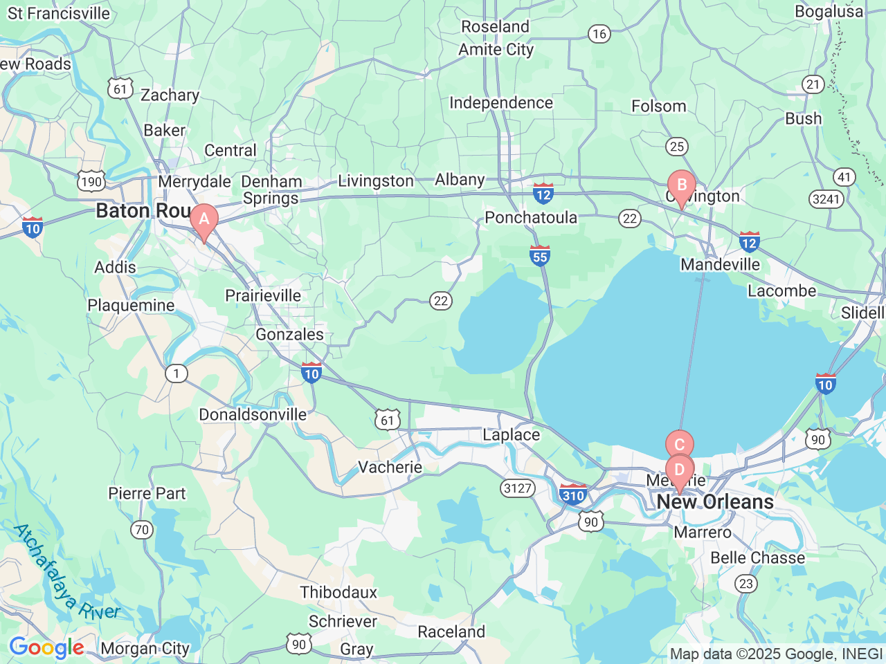 Map of Ochsner-affiliated facilities that provide services related to Pediatric Ophthalmology and Optometry
