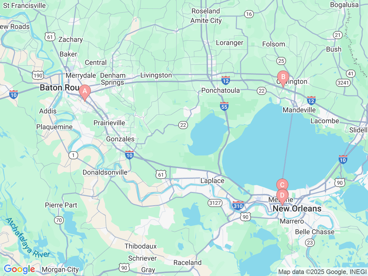 Map of Ochsner-affiliated facilities that provide services related to Pediatric Ophthalmology and Optometry