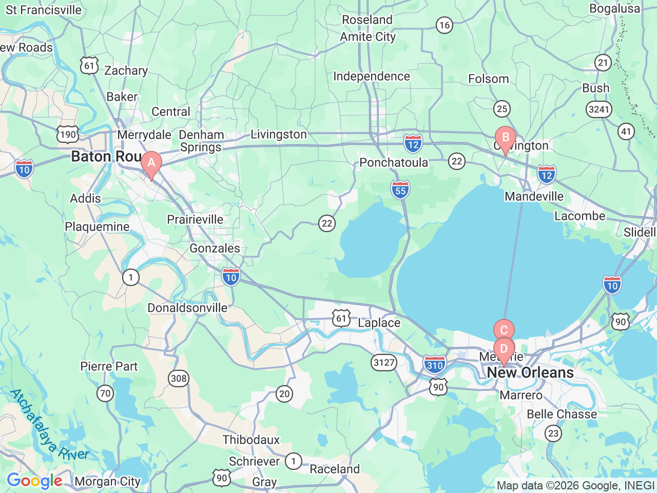 Map of Ochsner-affiliated facilities that provide services related to Pediatric Ophthalmology and Optometry