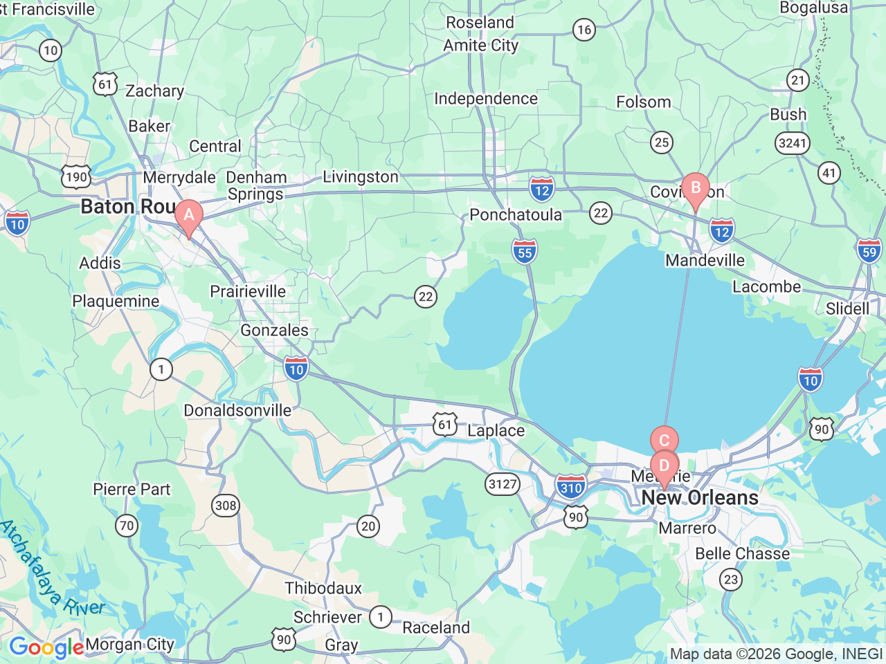 Map of Ochsner-affiliated facilities that provide services related to Pediatric Ophthalmology and Optometry