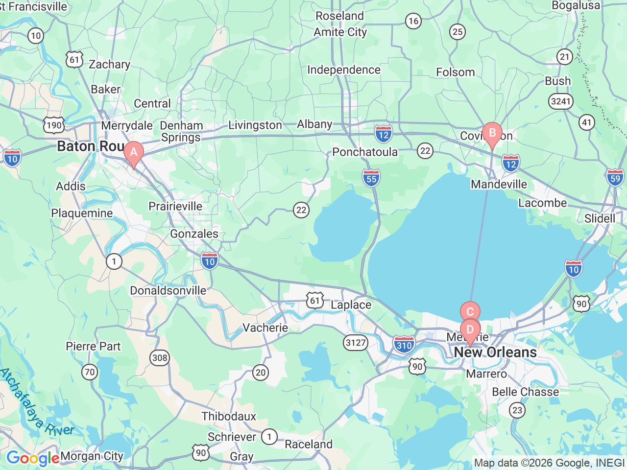 Map of Ochsner-affiliated facilities that provide services related to Pediatric Ophthalmology and Optometry