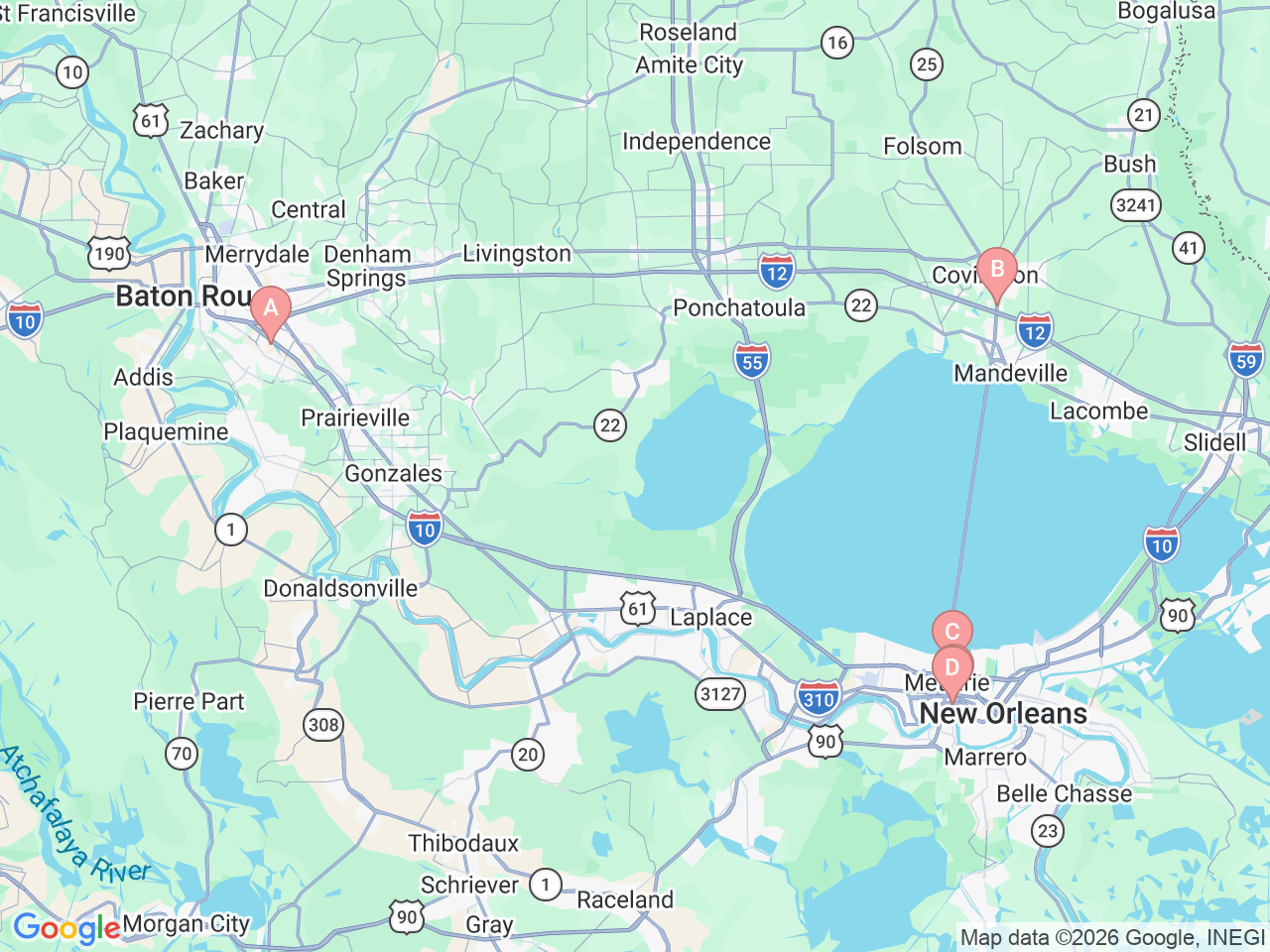 Map of Ochsner-affiliated facilities that provide services related to Pediatric Ophthalmology and Optometry