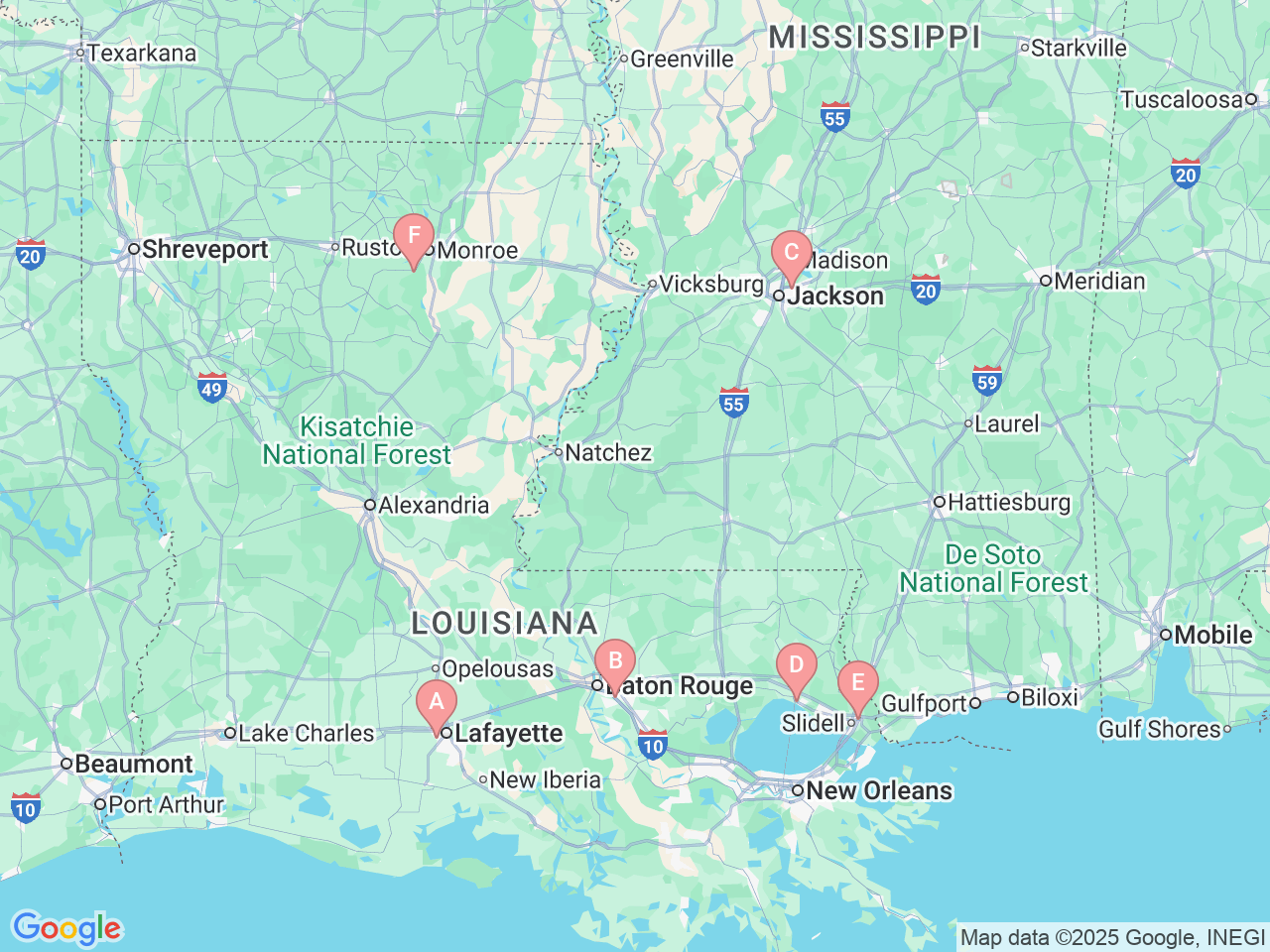 Map of Ochsner-affiliated facilities that provide services related to Pediatric Orthopedics