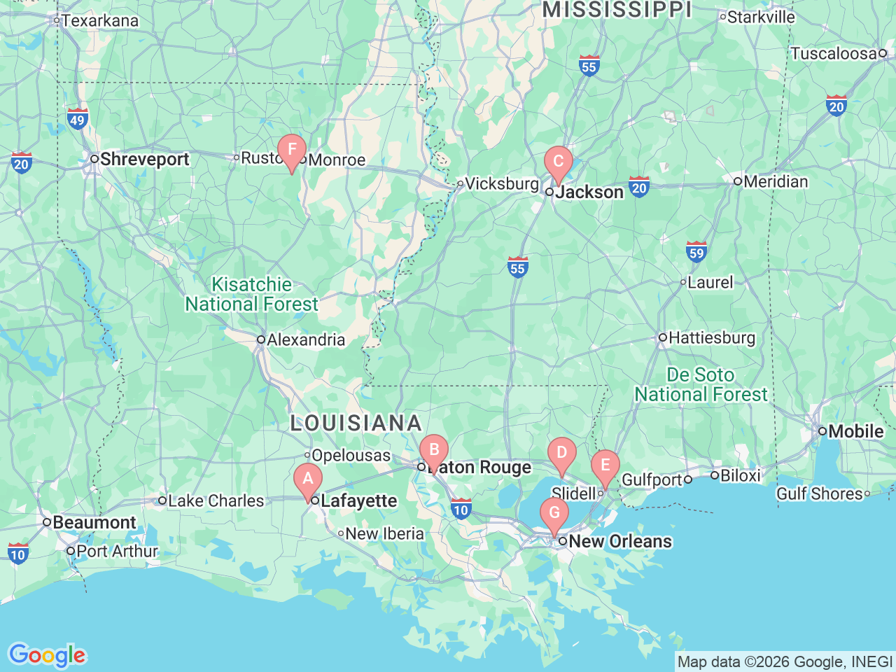 Map of Ochsner-affiliated facilities that provide services related to Pediatric Orthopedics