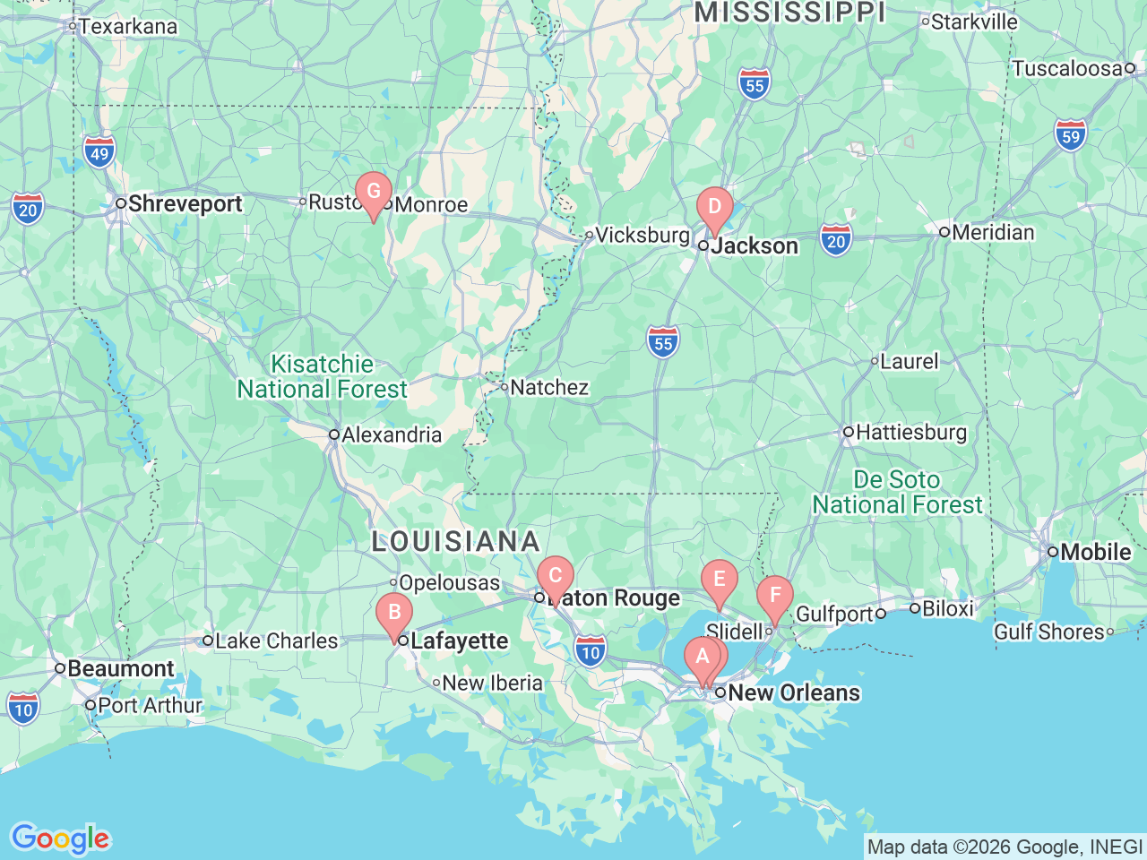 Map of Ochsner-affiliated facilities that provide services related to Pediatric Orthopedics