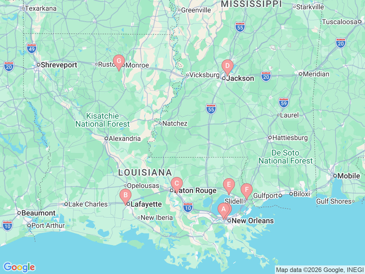 Map of Ochsner-affiliated facilities that provide services related to Pediatric Orthopedics