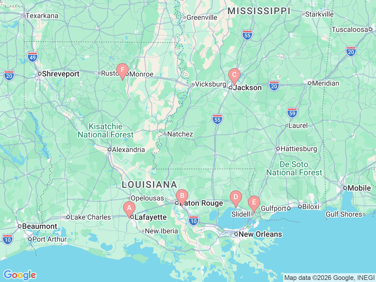 Map of Ochsner-affiliated facilities that provide services related to Pediatric Orthopedics