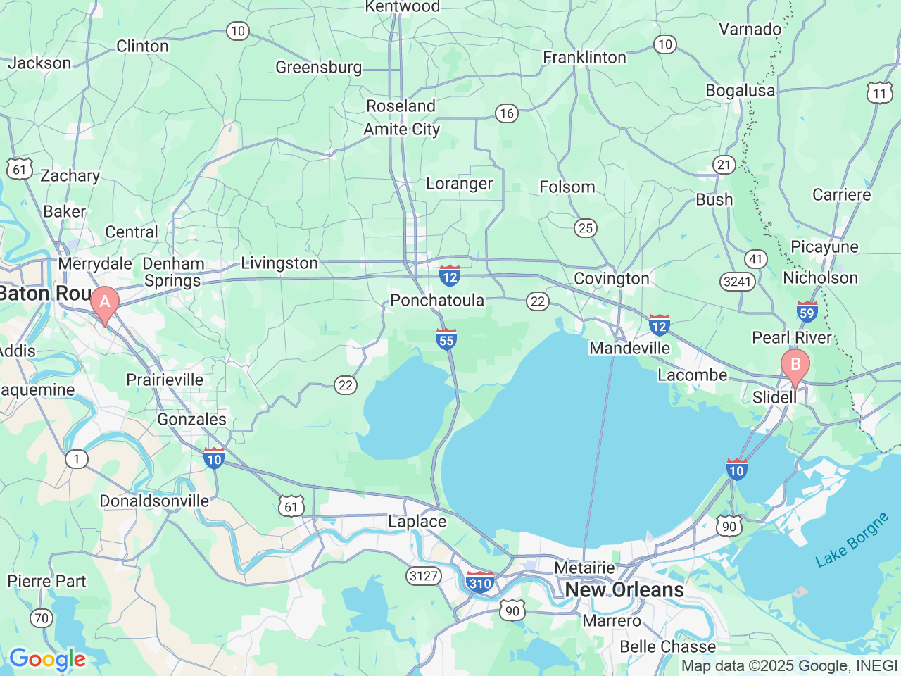 Map of Ochsner-affiliated facilities that provide services related to Pediatric Otolaryngology (Ear, Nose and Throat — ENT)
