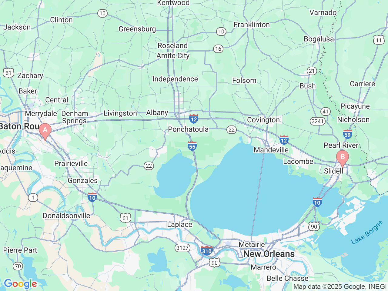 Map of Ochsner-affiliated facilities that provide services related to Pediatric Otolaryngology (Ear, Nose and Throat — ENT)