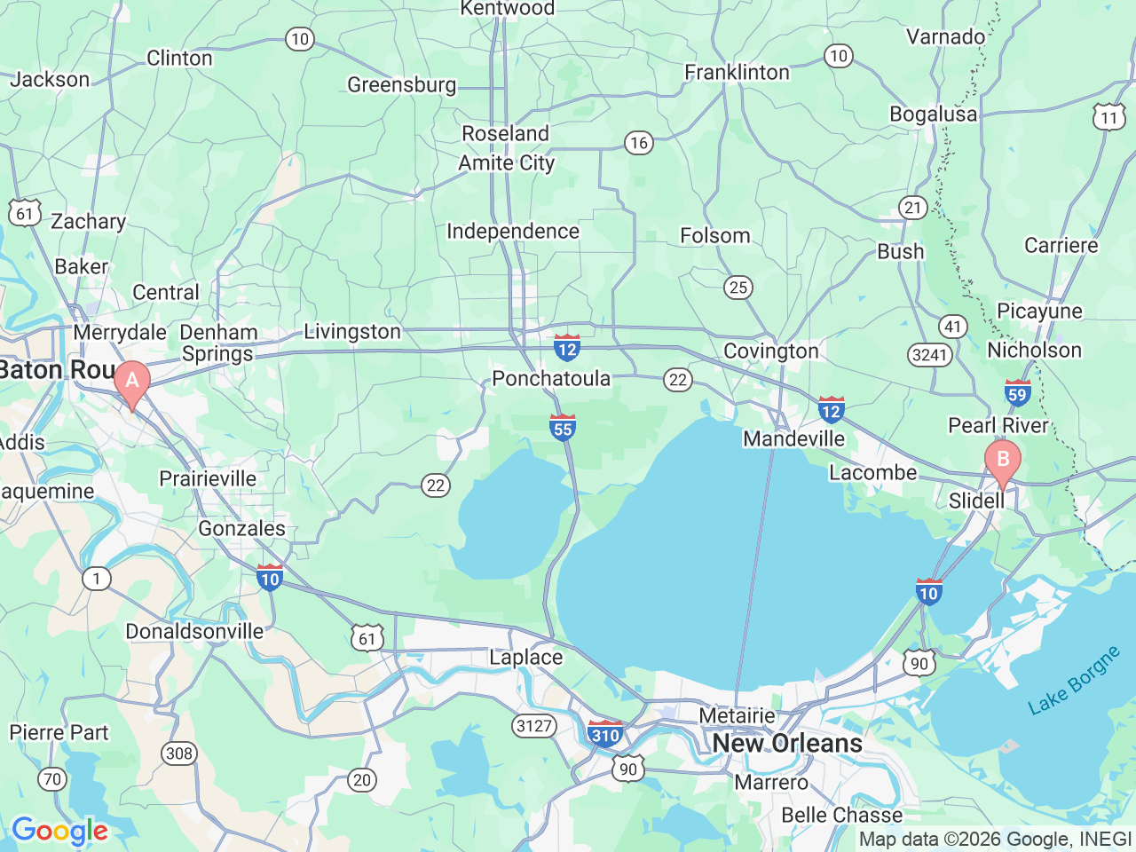 Map of Ochsner-affiliated facilities that provide services related to Pediatric Otolaryngology (Ear, Nose and Throat — ENT)