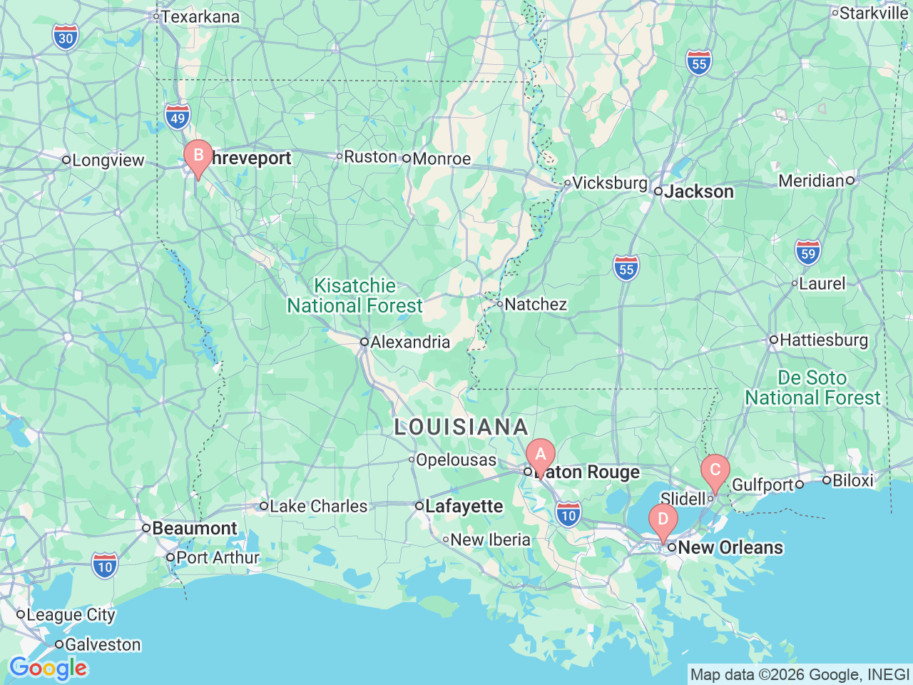 Map of Ochsner-affiliated facilities that provide services related to Pediatric Otolaryngology (Ear, Nose and Throat — ENT)