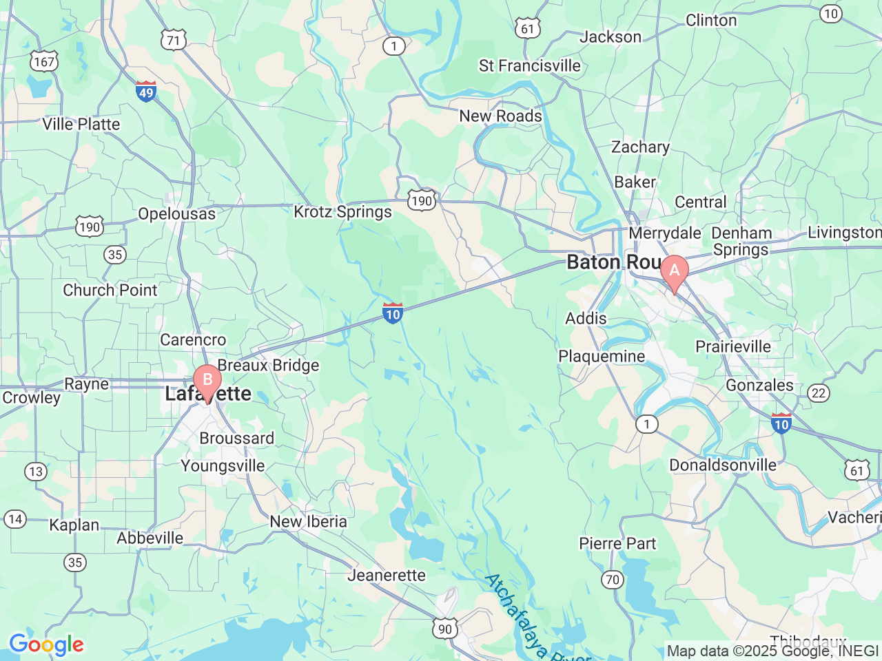 Map of Ochsner-affiliated facilities that provide services related to Pediatric Physical Medicine and Rehabilitation