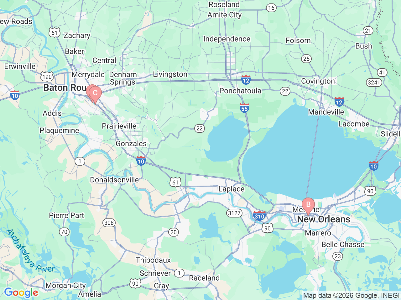 Map of Ochsner-affiliated facilities that provide services related to Pediatric Physical Medicine and Rehabilitation