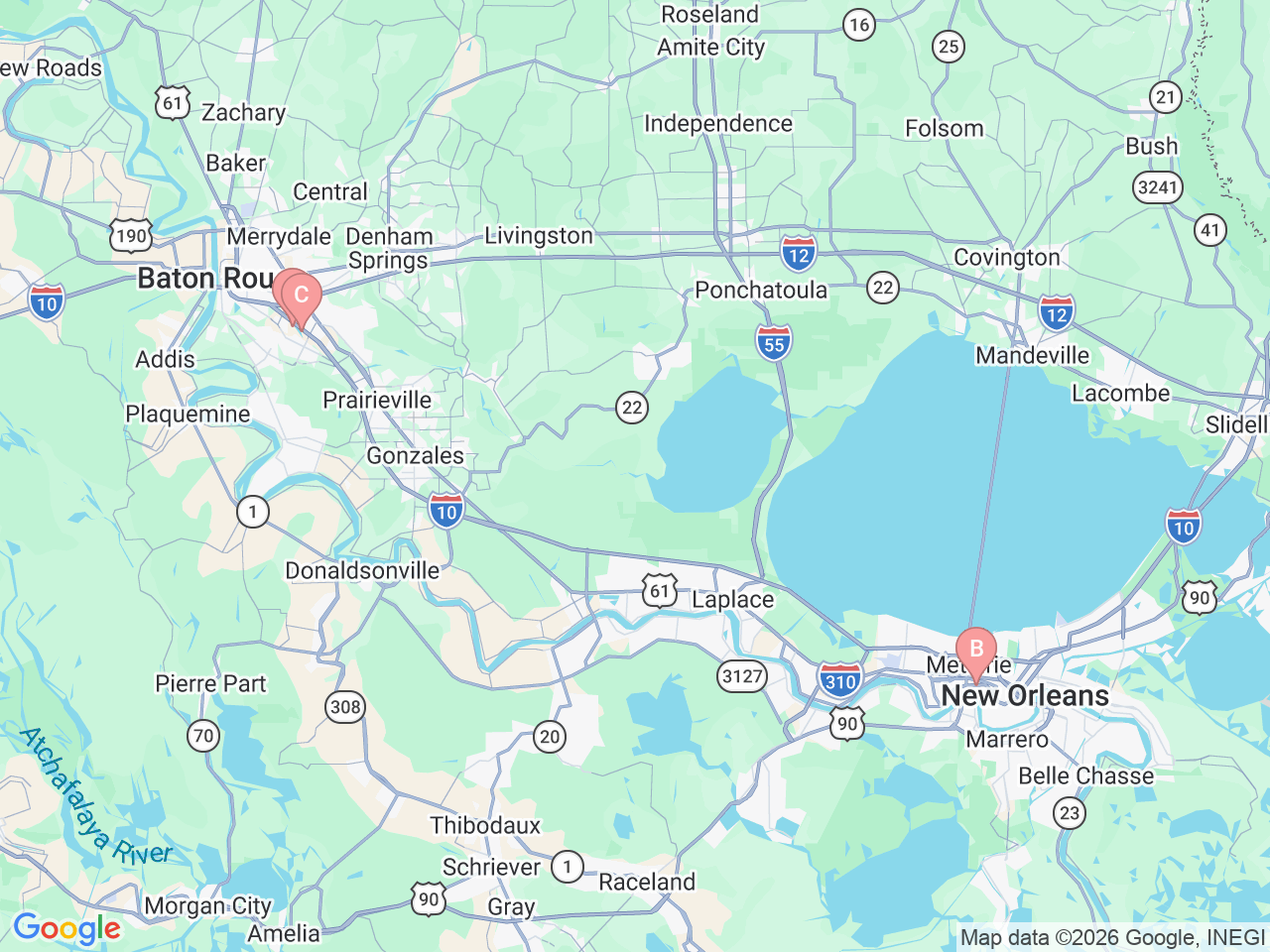Map of Ochsner-affiliated facilities that provide services related to Pediatric Physical Medicine and Rehabilitation