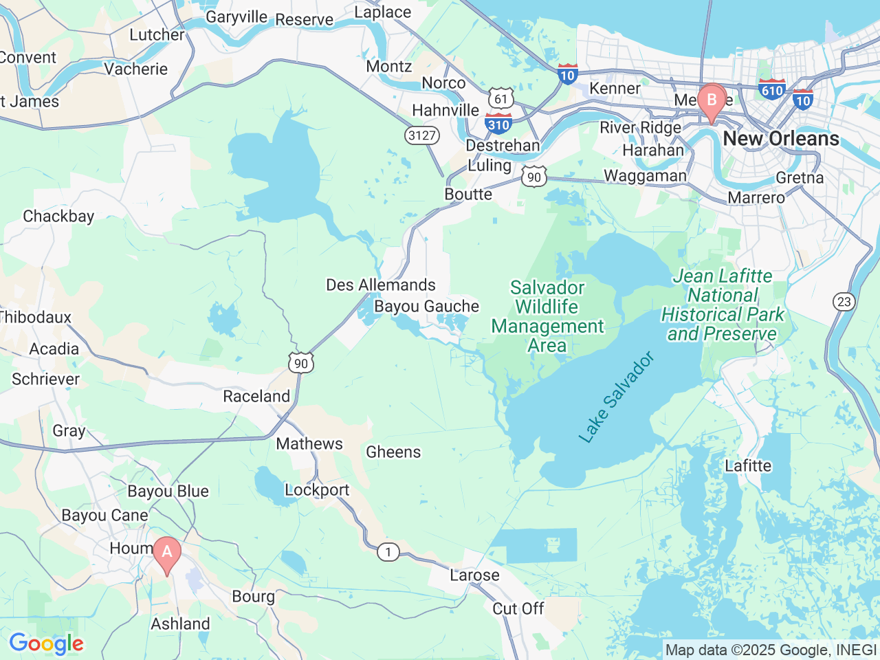 Map of Ochsner-affiliated facilities that provide services related to Pediatric Pulmonology