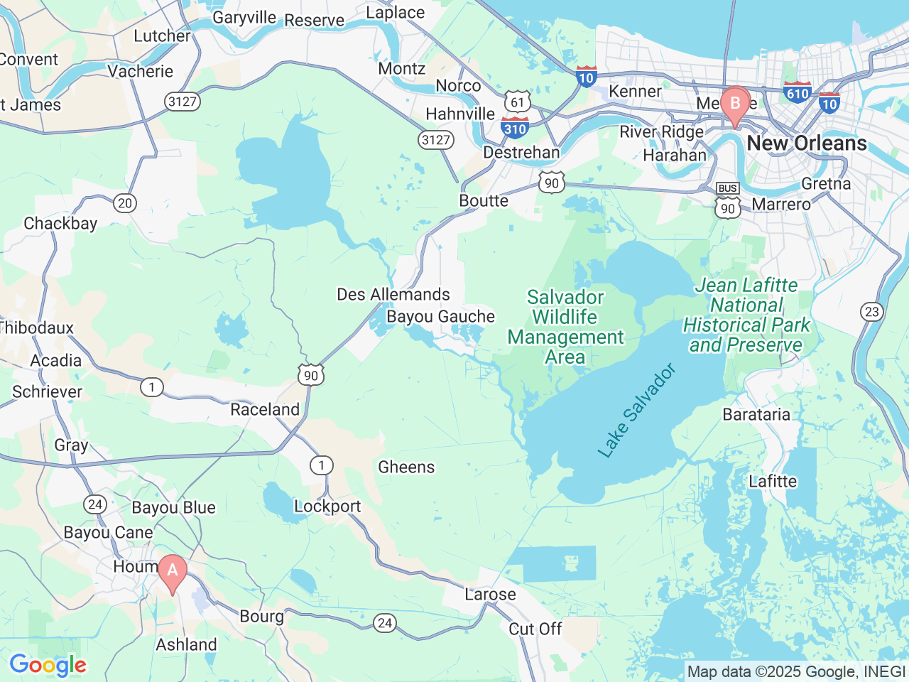 Map of Ochsner-affiliated facilities that provide services related to Pediatric Pulmonology