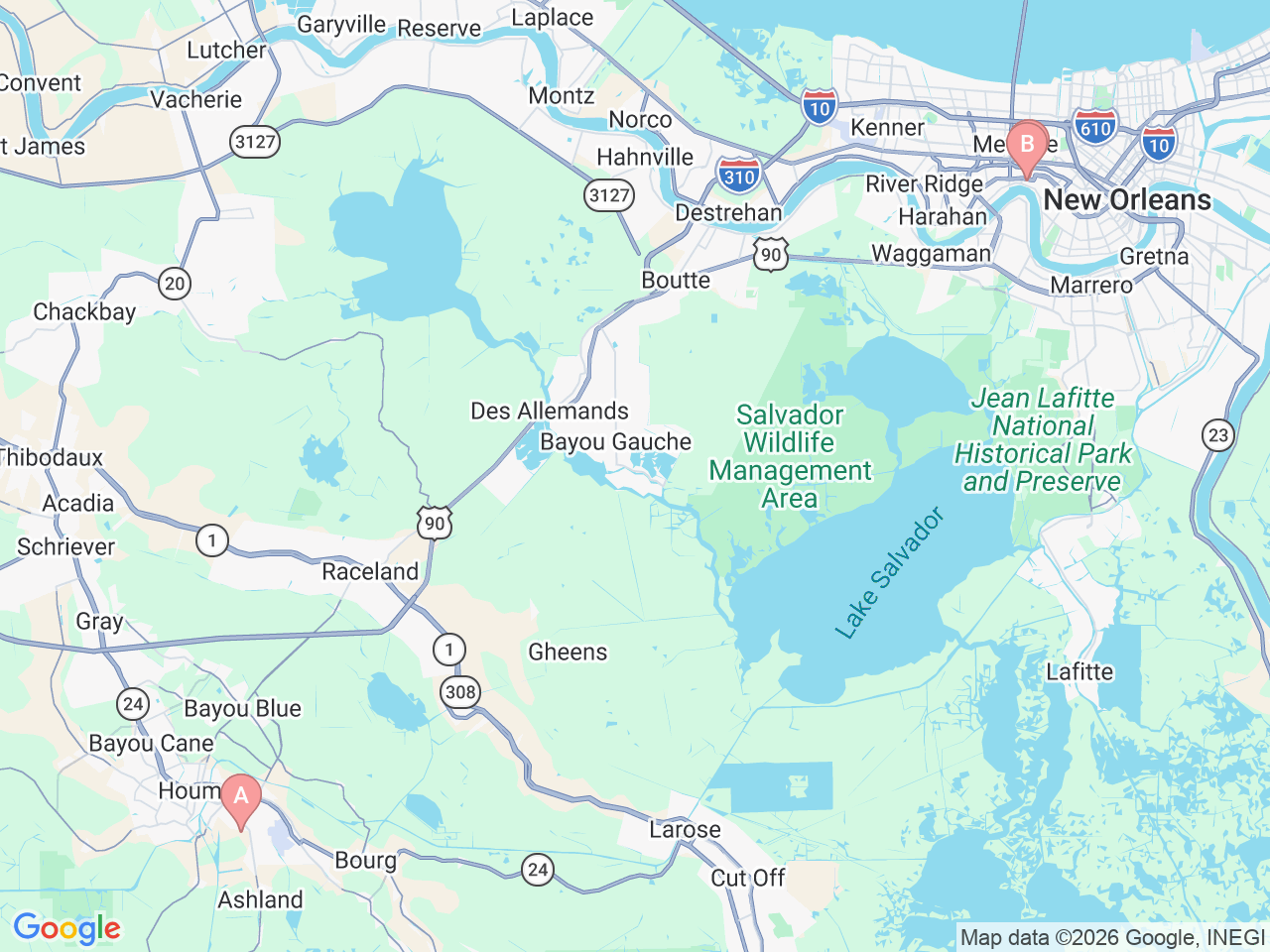 Map of Ochsner-affiliated facilities that provide services related to Pediatric Pulmonology