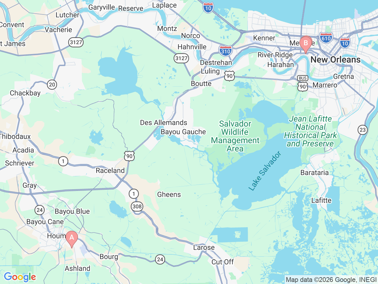 Map of Ochsner-affiliated facilities that provide services related to Pediatric Pulmonology