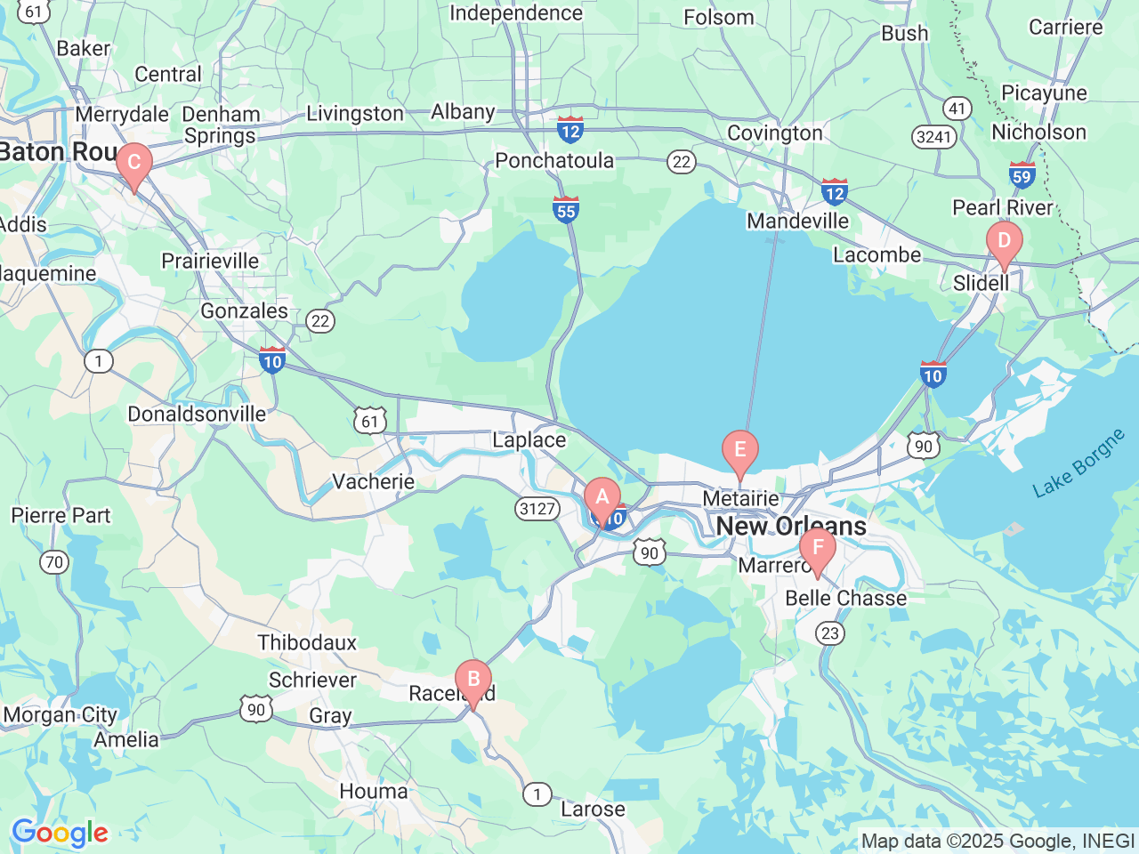 Map of Ochsner-affiliated facilities that provide services related to Pediatric Therapy
