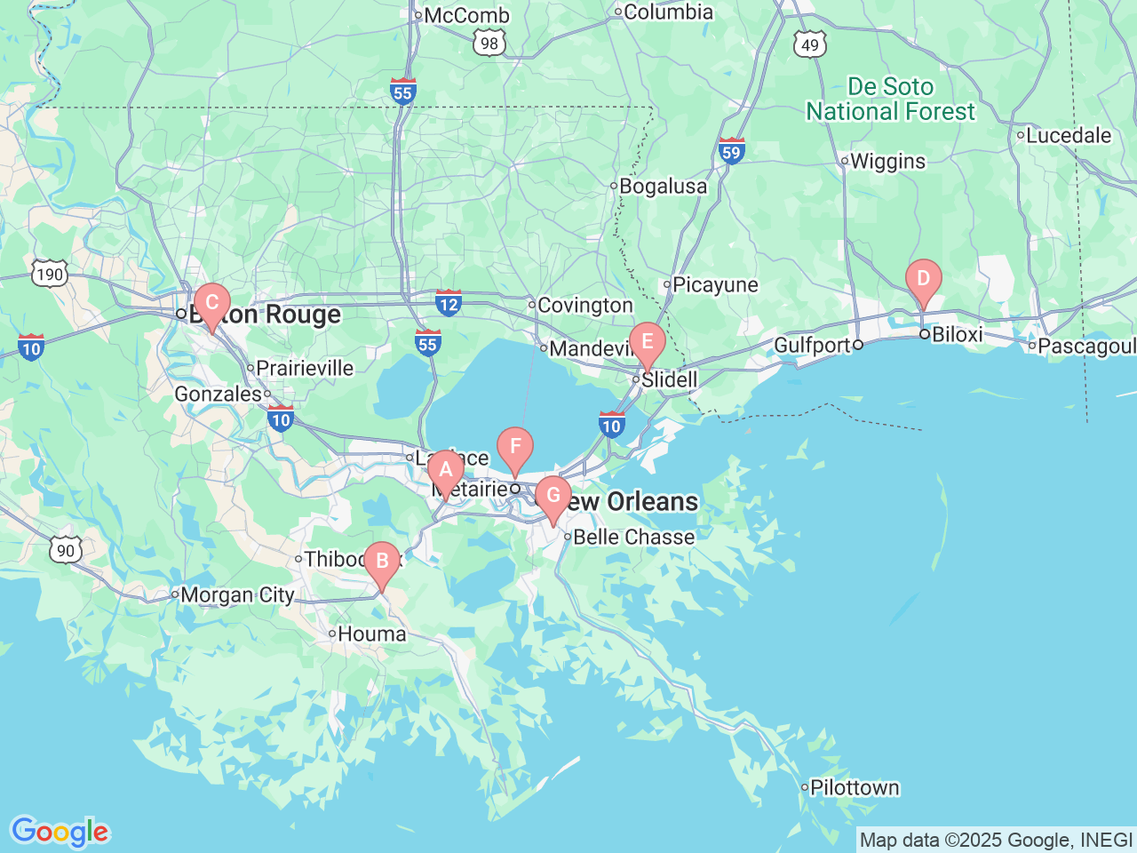 Map of Ochsner-affiliated facilities that provide services related to Pediatric Therapy