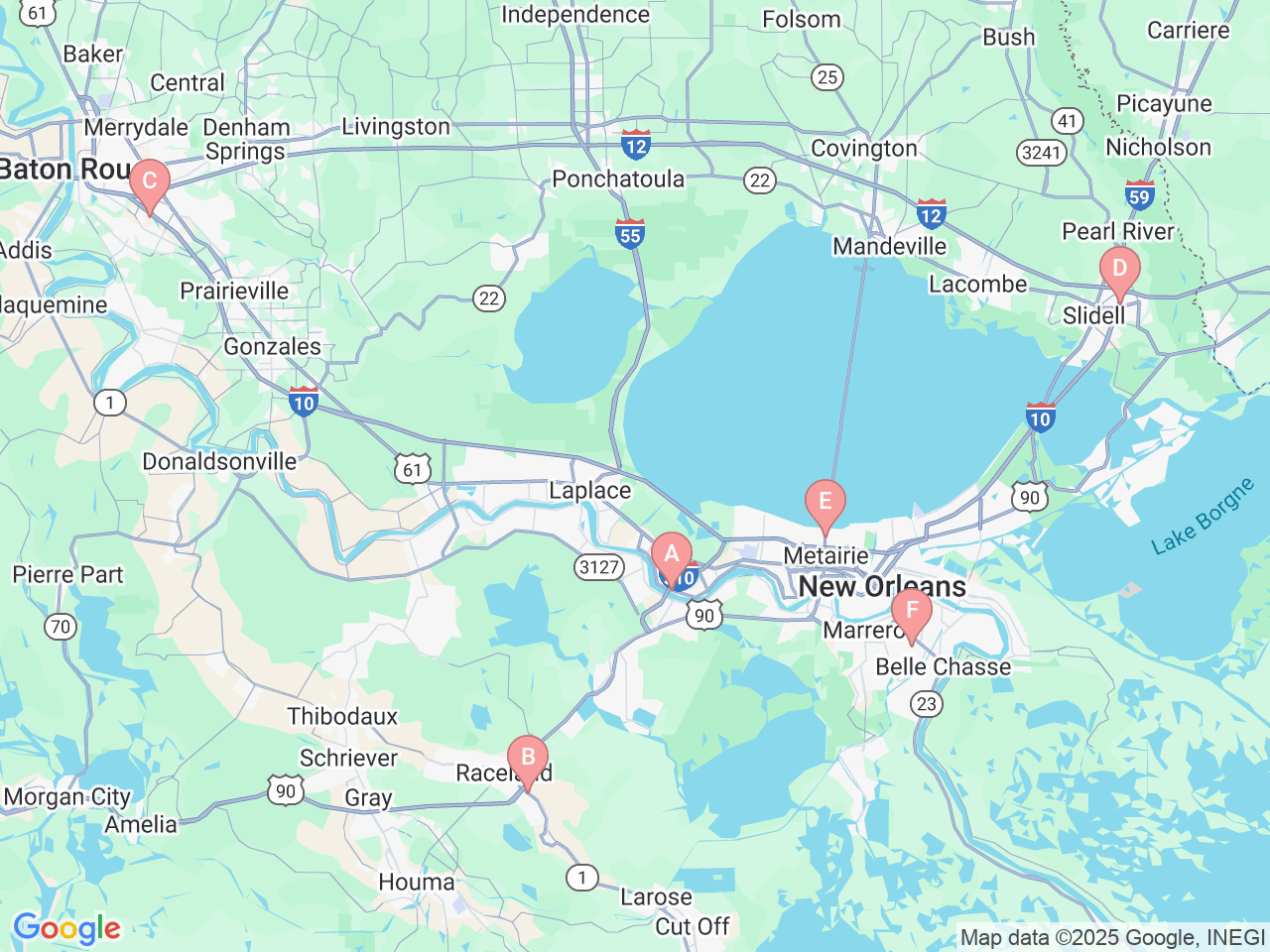 Map of Ochsner-affiliated facilities that provide services related to Pediatric Therapy