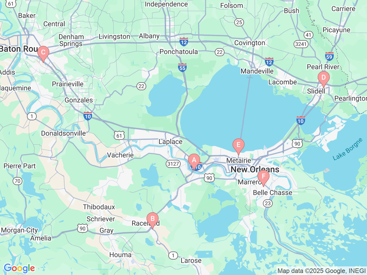 Map of Ochsner-affiliated facilities that provide services related to Pediatric Therapy