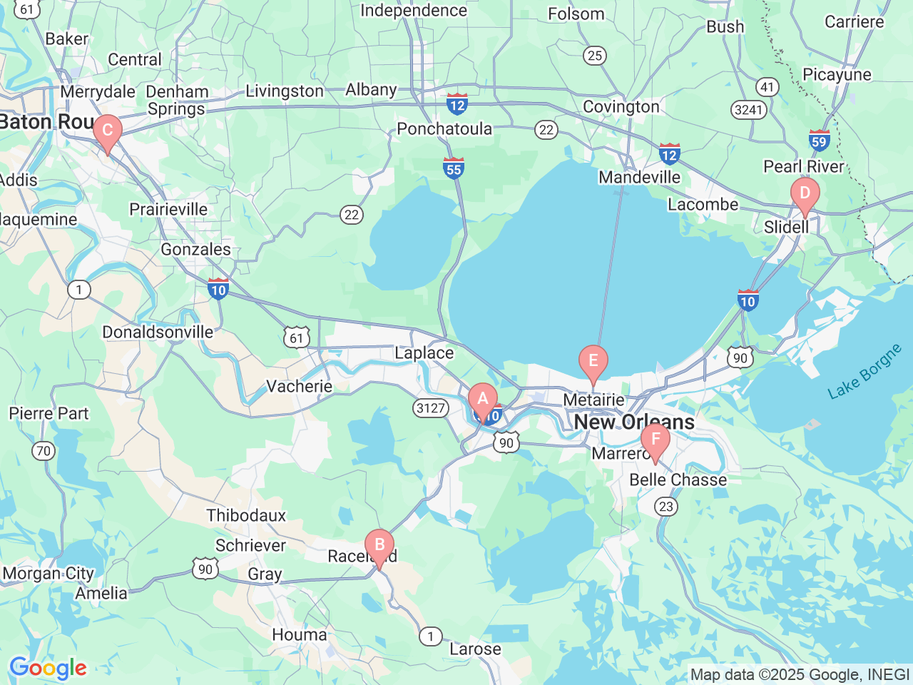 Map of Ochsner-affiliated facilities that provide services related to Pediatric Therapy