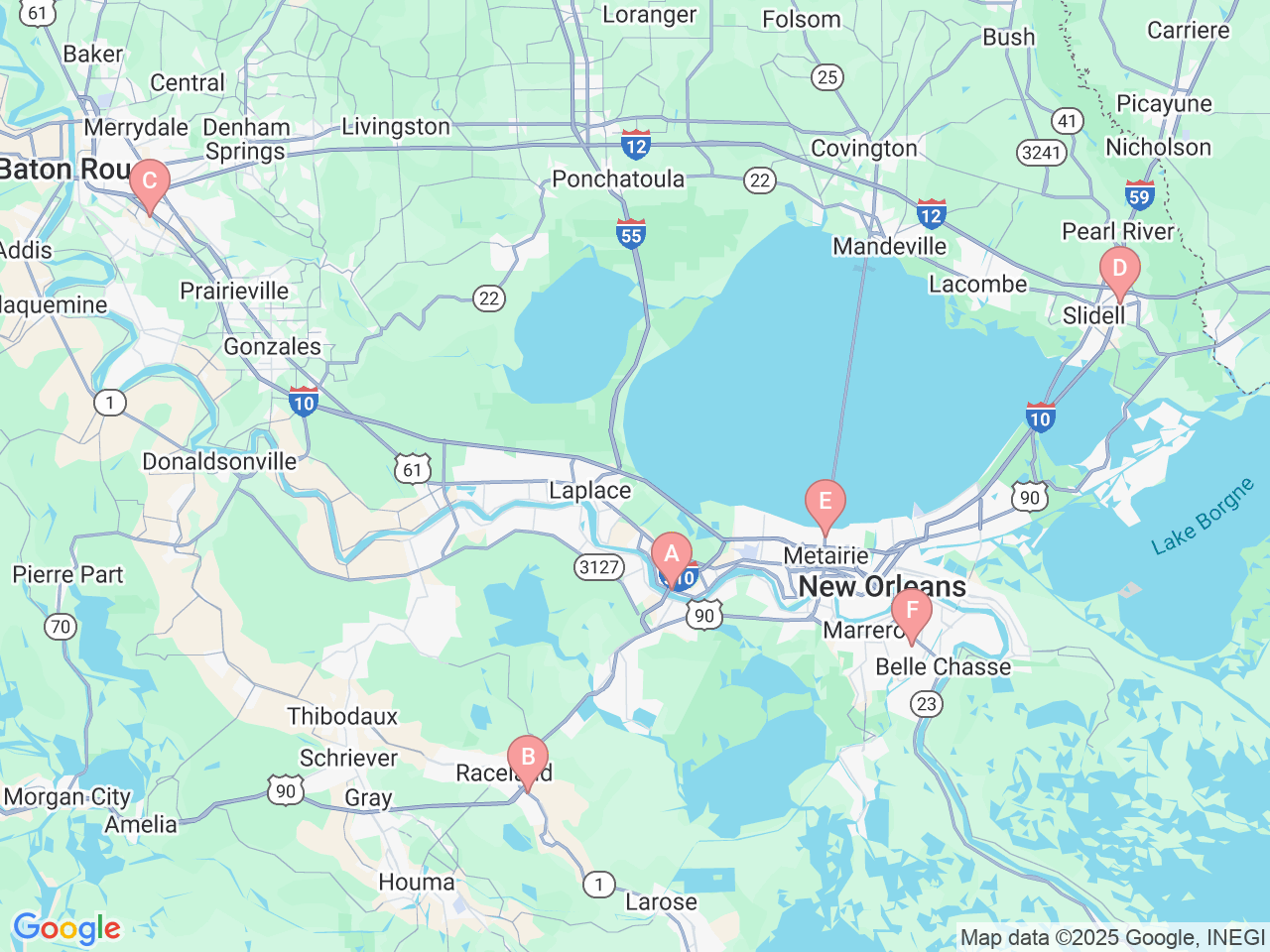 Map of Ochsner-affiliated facilities that provide services related to Pediatric Therapy