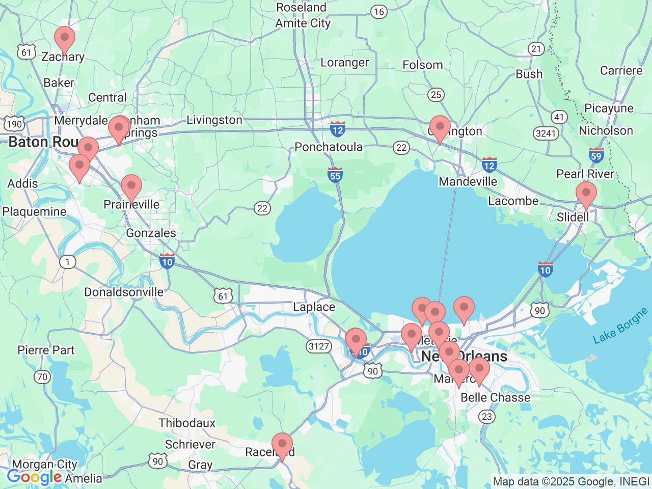 Map of Ochsner-affiliated facilities that provide services related to Pediatric Therapy