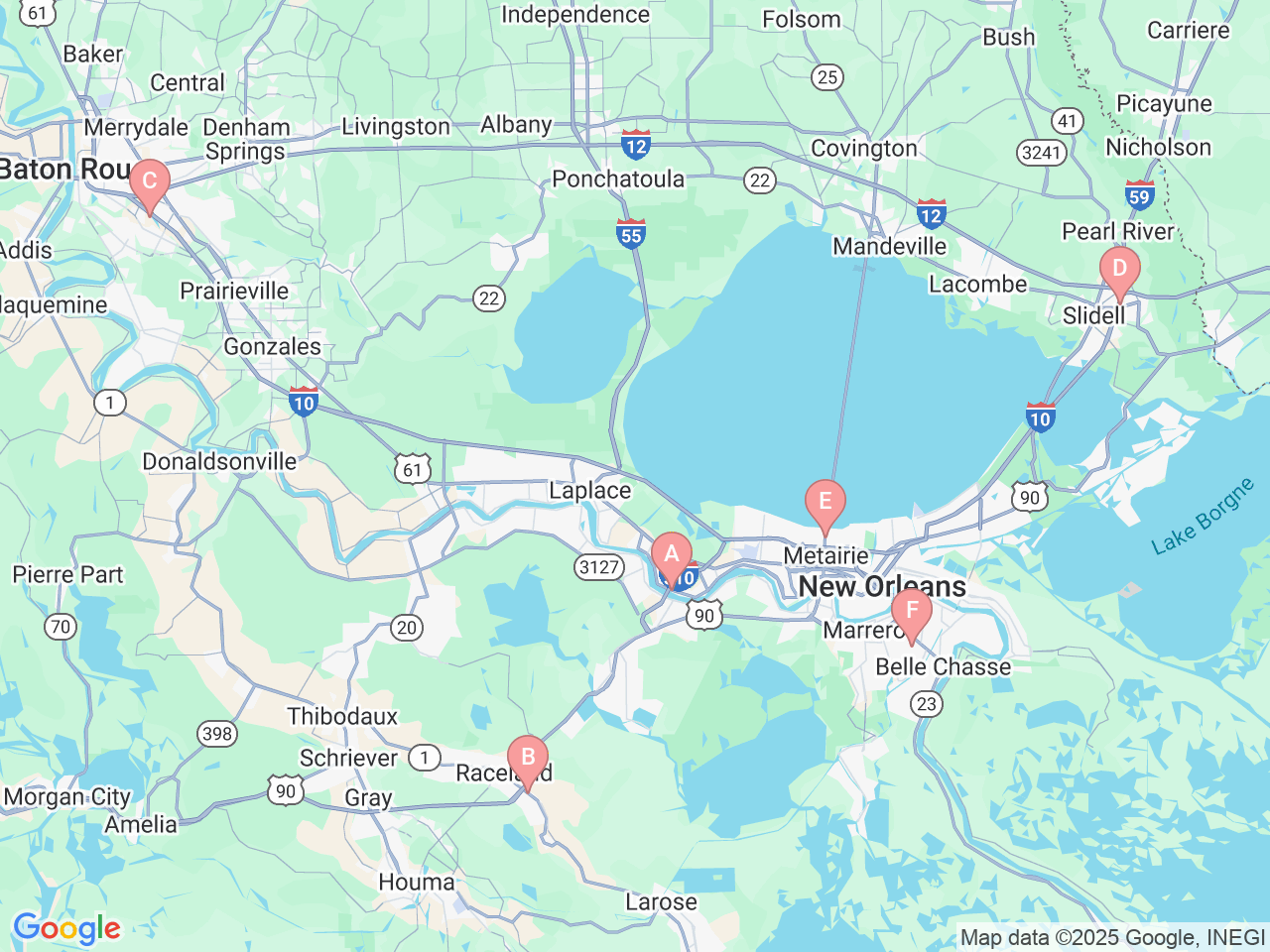 Map of Ochsner-affiliated facilities that provide services related to Pediatric Therapy