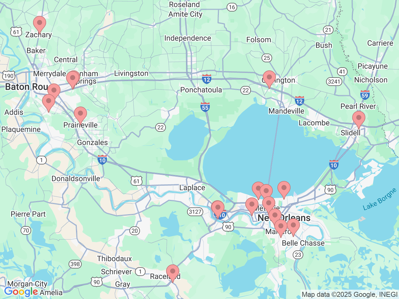 Map of Ochsner-affiliated facilities that provide services related to Pediatric Therapy