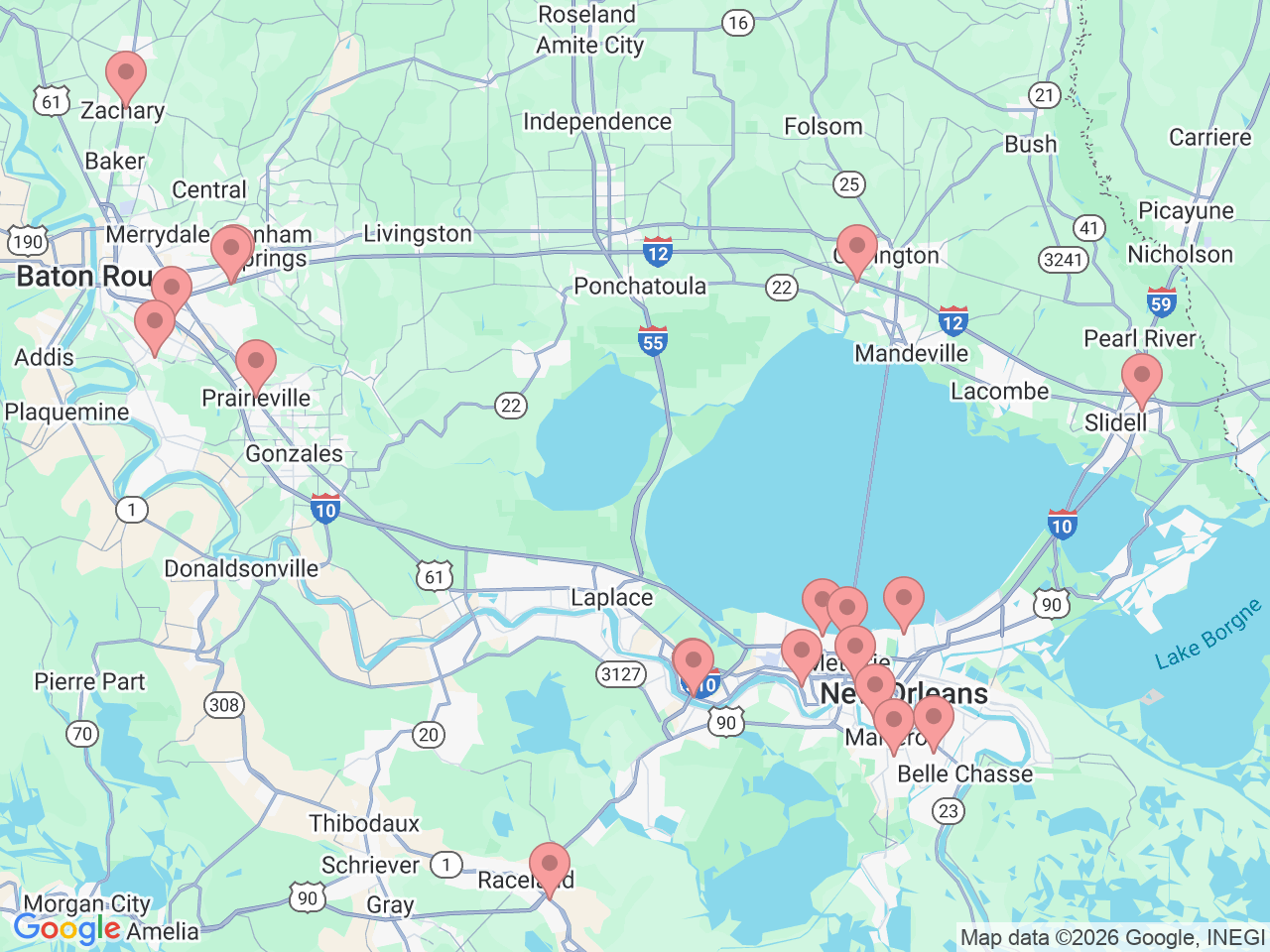 Map of Ochsner-affiliated facilities that provide services related to Pediatric Therapy