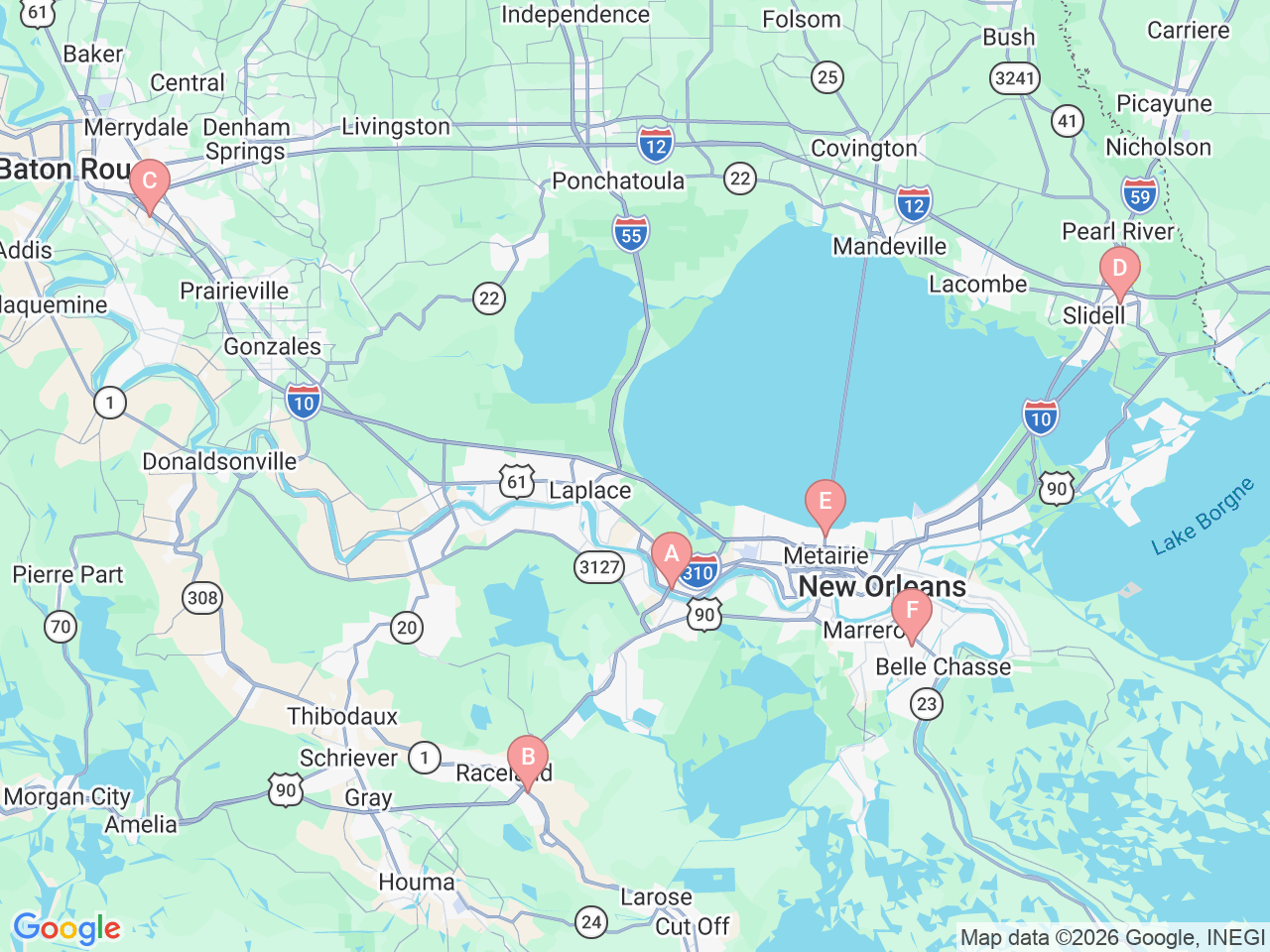 Map of Ochsner-affiliated facilities that provide services related to Pediatric Therapy