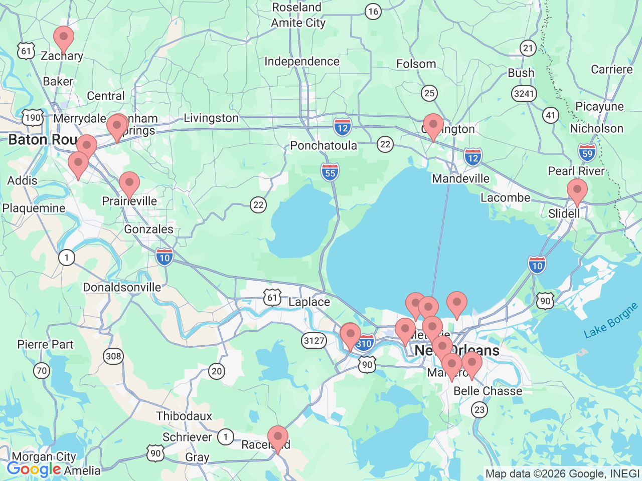 Map of Ochsner-affiliated facilities that provide services related to Pediatric Therapy