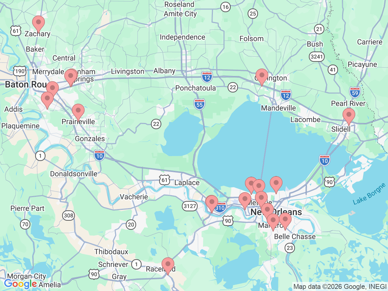 Map of Ochsner-affiliated facilities that provide services related to Pediatric Therapy