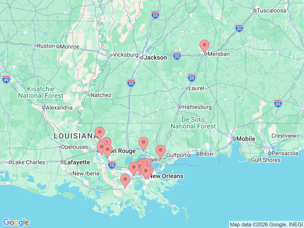 Map of Ochsner-affiliated facilities that provide services related to Pediatric Therapy