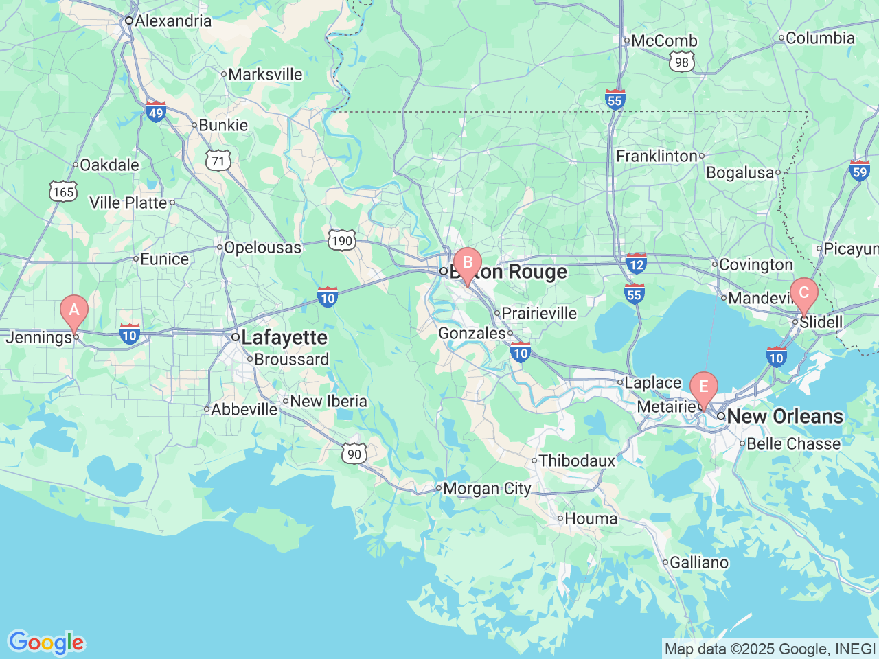 Map of Ochsner-affiliated facilities that provide services related to Pediatric Surgery