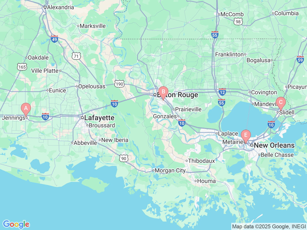 Map of Ochsner-affiliated facilities that provide services related to Pediatric Surgery