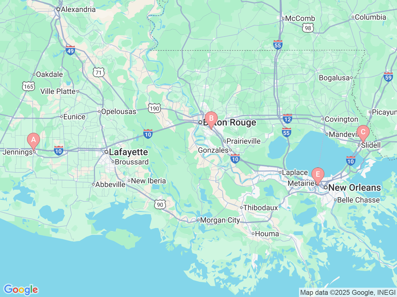 Map of Ochsner-affiliated facilities that provide services related to Pediatric Surgery