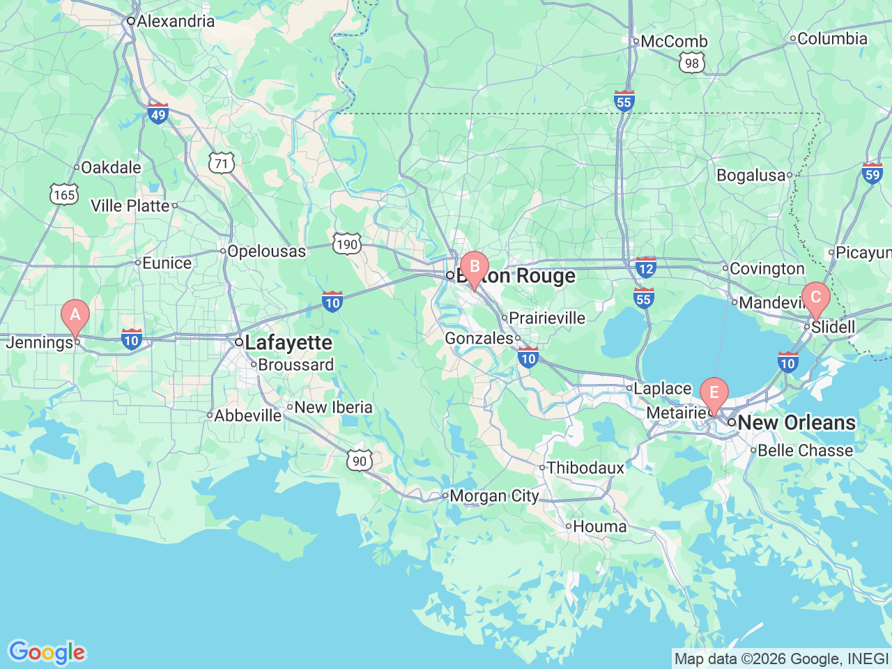 Map of Ochsner-affiliated facilities that provide services related to Pediatric Surgery