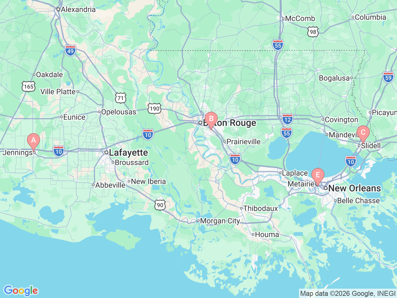 Map of Ochsner-affiliated facilities that provide services related to Pediatric Surgery